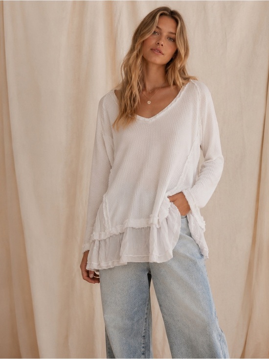 We The Free Tops - We The Free Waffle Knit V-Neck Ruffle Hem Long Sleeve Top White XS Boho